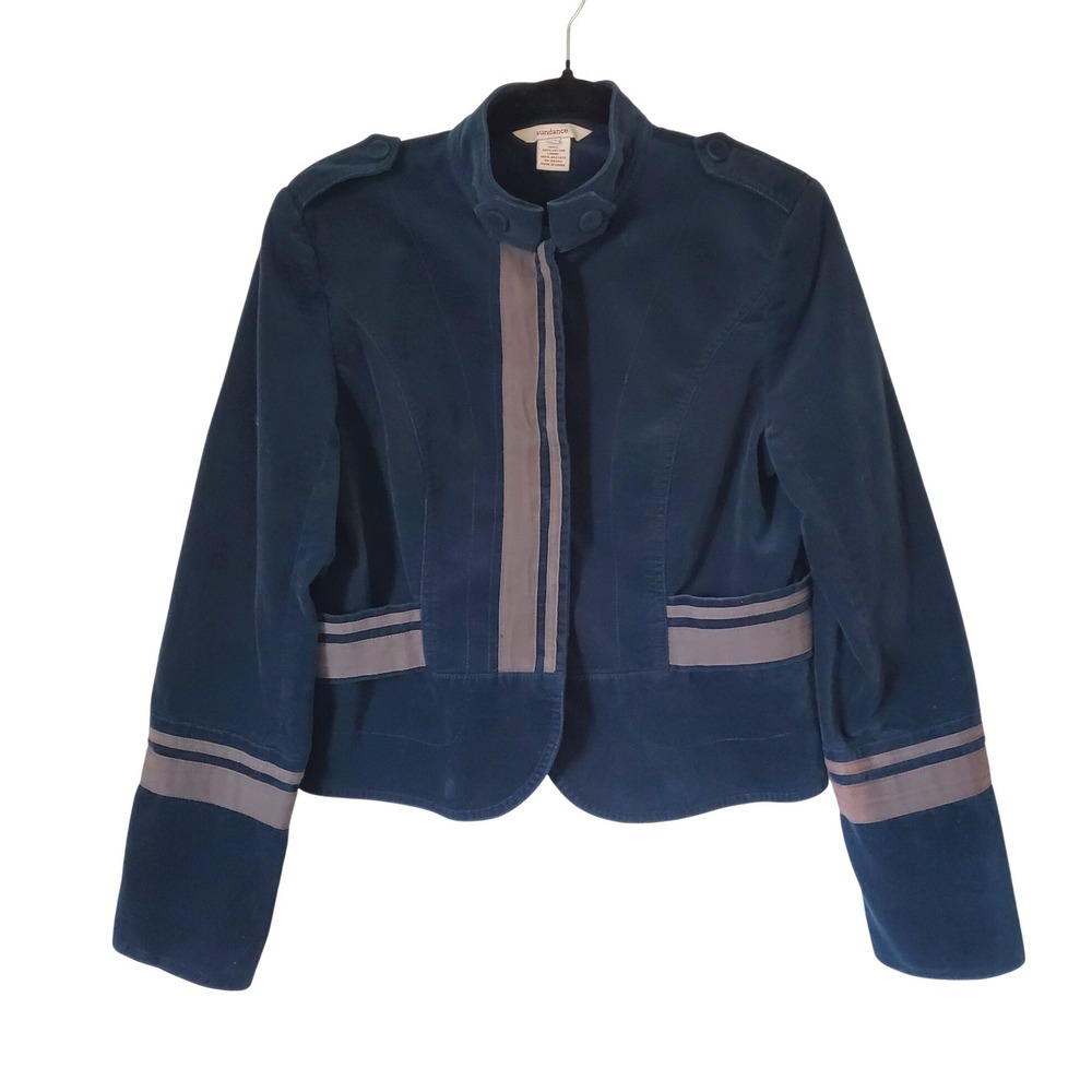 Sundance Navy Blue Cotton Velvet Blazer Band Jacket Epaulettes Women Size M
